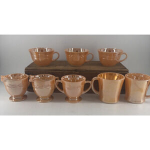 Fire King Peach Lustre Laurel & 3 Band Patterns Tea Cup & Servers 8 Total VTG